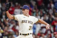 Milwaukee Brewers relief pitcher Brent Suter throws during the fourth inning of a baseball game against the St. Louis Cardinals Tuesday, Sept. 27, 2022, in Milwaukee. (AP Photo/Morry Gash)
