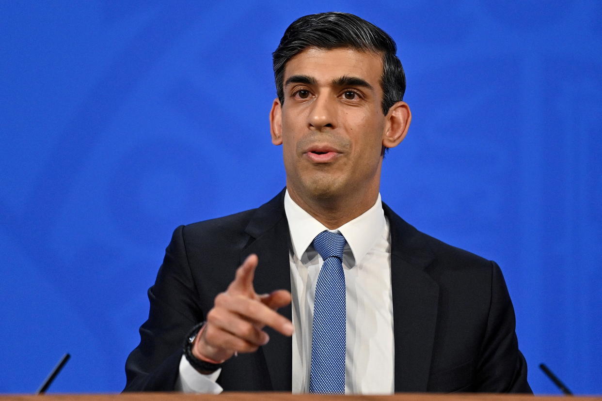 Britain's Chancellor of the Exchequer Rishi Sunak hosts a news conference in the Downing Street Briefing Room in London, Britain February 3, 2022. Justin Tallis/Pool via REUTERS