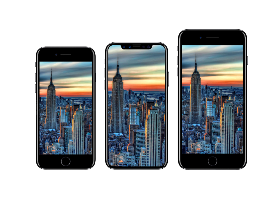 One artist’s rendering showing how the iPhone 8 (center) may look, based on previous news leaks.