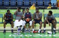 2016 Rio Olympics - Basketball - Preliminary - Men's training session - Carioca Arena 1 - Rio de Janeiro, Brazil - 04/08/2016. Harrison Barnes (USA) of USA, Jimmy Butler (USA) of USA, Demar DeRozan (USA) of USA, Demarcus Cousins (USA) of USA and Deandre Jordan (USA) of USA attend a training session. REUTERS/Jim Young