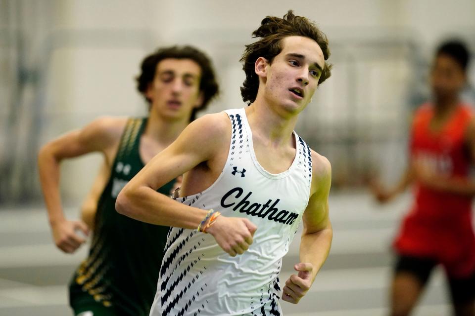 Ryan Beegle of Chatham competes in the 1600-meter race during the Morris County winter track championships at the Ocean Breeze Athletic Complex in Staten Island on Jan. 30, 2023.