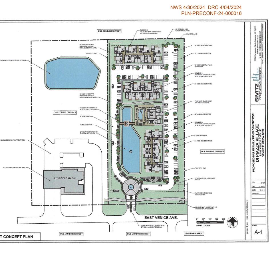 This concept plan for DiPiazza Village shows the relationship of the proposed 64-unit apartment complex with a new fire station planned at 3176 E. Venice Ave.