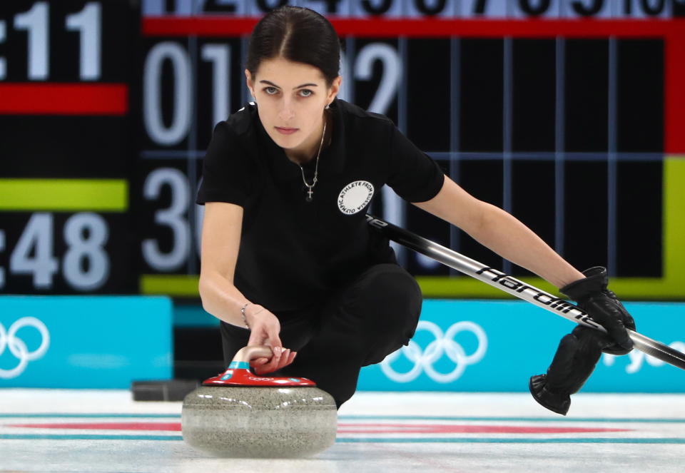 <p>Olympic Athlete from Russia Uliana Vasileva competes against Great Britain in Session 1 of the Women’s Round Robin curling competition at the 2018 Winter Olympic Games at Gangneung Curling Centre. Valery Sharifulin/TASS (Photo by Valery Sharifulin\TASS via Getty Images) </p>