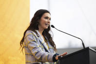 Utah Royals President Michelle Hyncik speaks during a news conference by the Real Salt Lake ownership Saturday, March 11, 2023, in Sandy, Utah. The Royals are returning to Utah and the National Women's Soccer League. The NWSL and Major League Soccer's Real Salt Lake announced the second iteration of the Utah Royals on Saturday. The Royals were part of the NWSL for three seasons from 2018 to 2020. (Ryan Sun/The Deseret News via AP)