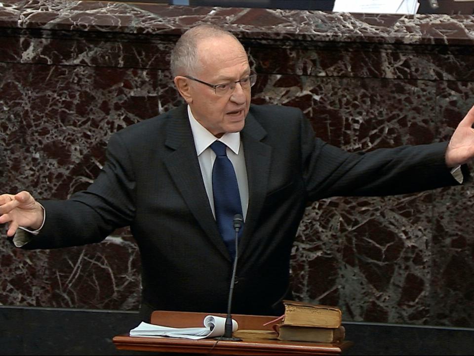 In this image from video, Alan Dershowitz, an attorney for President Donald Trump, speaks during the impeachment trial against Trump in the Senate at the U.S. Capitol in Washington, Monday, Jan. 27, 2020. (Senate Television via AP)