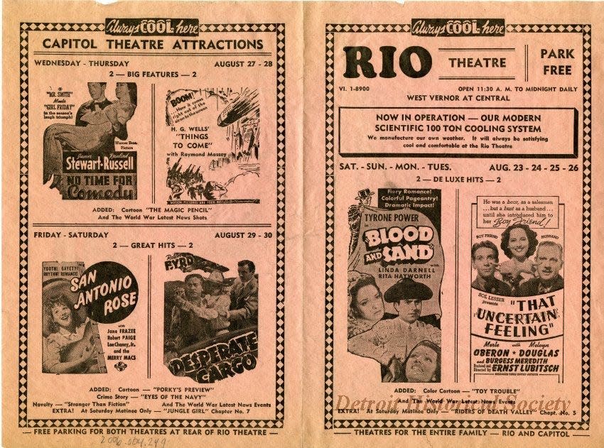 Half folded program containing advertisements for movies playing at the Rio and Capitol Theatres between August 23rd to the 30th, 1940; program is pink and black.