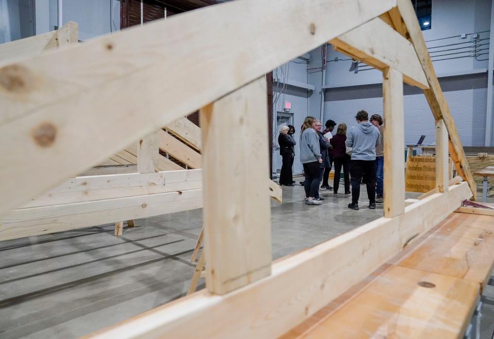 The construction trades area shows rafters framing visitors as Hillcrest High celebrated the opening of the Career Technical Education Annex Thursday, Nov. 30, 2023.