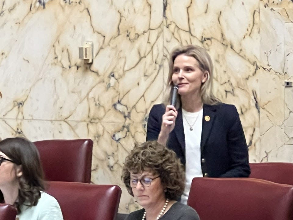 Maryland Sen. Dawn Gile, D-Anne Arundel, speaks on the Senate floor in Annapolis on Feb. 1, 2024. Gile is a sponsor of the Maryland Online Data Privacy Act of 2024.