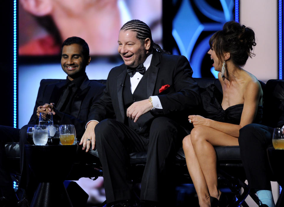 CULVER CITY, CA - AUGUST 25:  (L-R) Actor Aziz Ansari, comedian Jeff Ross, and actress Natasha Leggero onstage during The Comedy Central Roast of James Franco at Culver Studios on August 25, 2013 in Culver City, California. The Comedy Central Roast Of James Franco will air on September 2 at 10:00 p.m. ET/PT.  (Photo by Kevin Winter/Getty Images for Comedy Central)