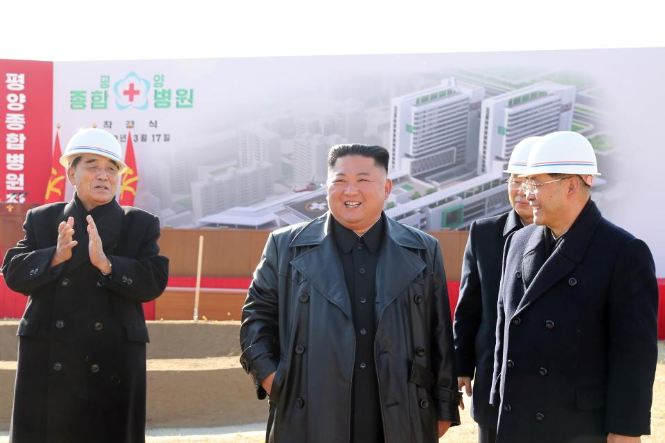Supreme Leader of North Korea, Kim Jong-un, at a ground-breaking ceremony for Pyongyang General Hospital in North Korea, March 17, 2020.