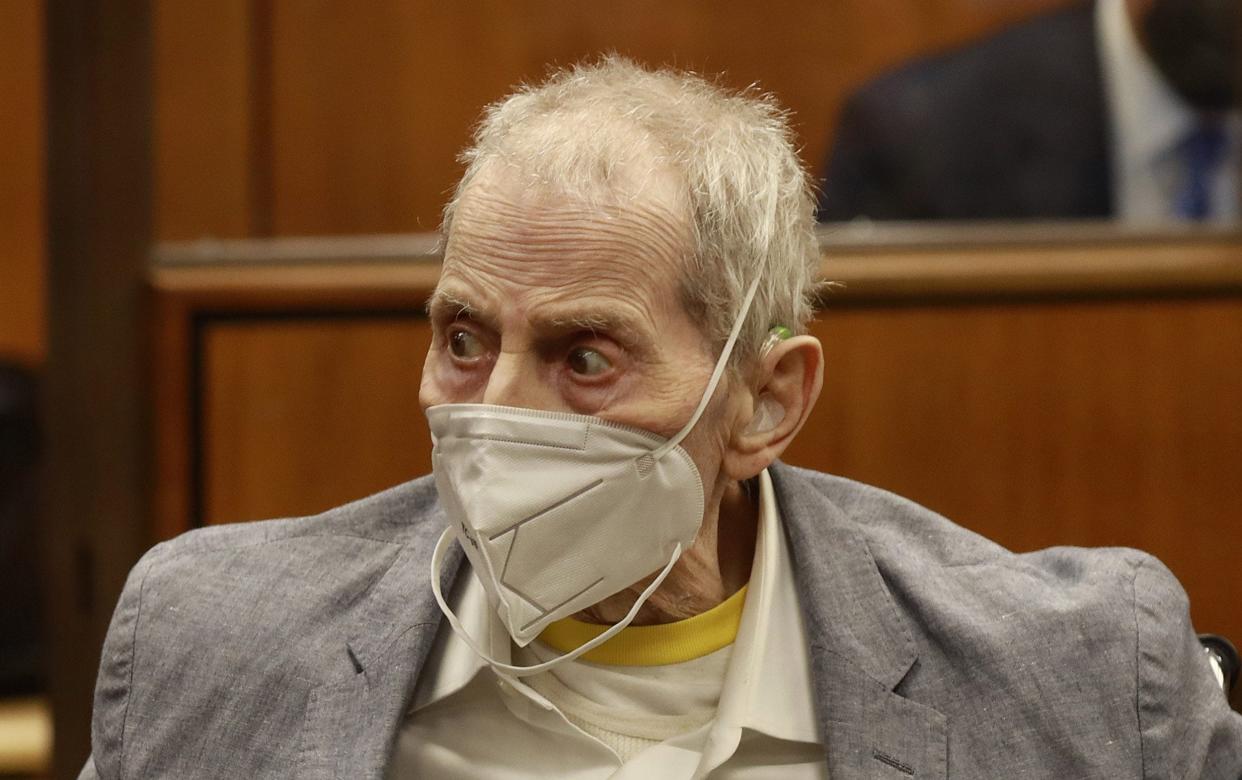 Robert Durst in his wheelchair spins in place as he looks at people in the courtroom as he attends the closing arguments in his murder trial at the Inglewood Courthouse in Inglewood, California - Shutterstock 