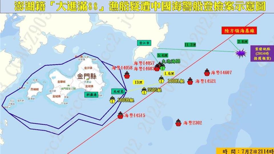 有鑑於中國大陸近期於區域各方海域多有類似情形，為免可能風險，政府已請漁政、航政等單位，向漁民、航運單位提出提醒，注意可能風險。（海巡署提供／游念育台北傳真）