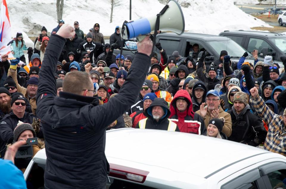 John Efford addresses fish harvesters gathered outside the Confederation Building in St. John's on Friday afternoon.