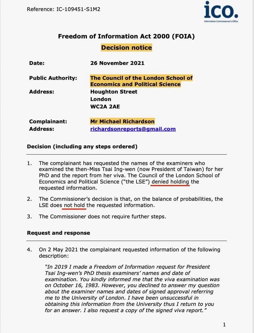 旅美學者林環牆披露ICO裁決文指出「LSE最高權力機構校評會，否認持有蔡英文博士口委名單及口試報告」。（圖片翻攝FB/獨立觀察）