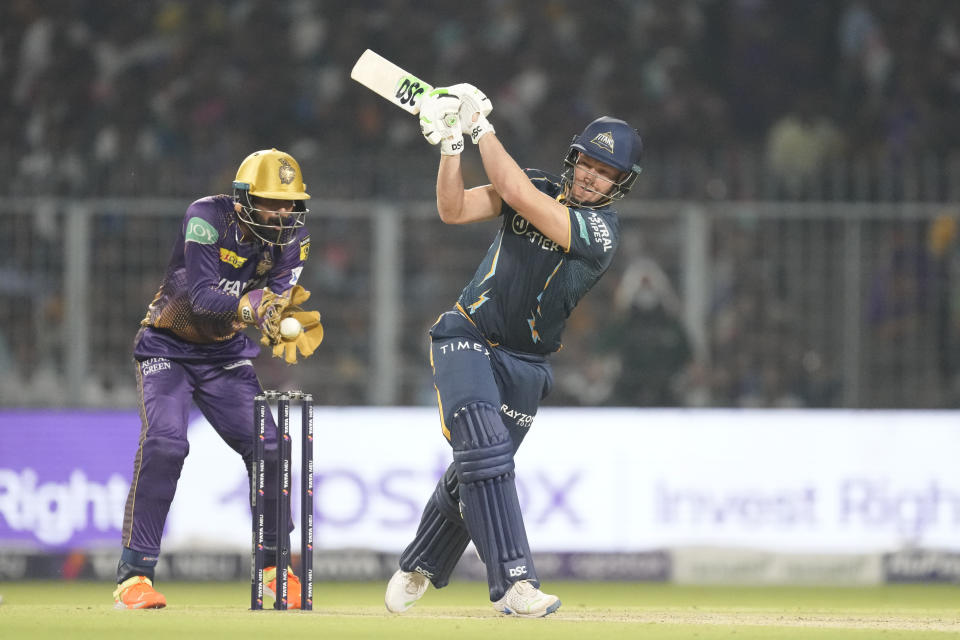 Gujarat Titan's David Miller misses a shot during Indian Premier League cricket match between Kolkata Knight Riders and Gujarat Titans, in Kolkata, India, Saturday, April 29, 2023. (AP Photo Bikas Das )