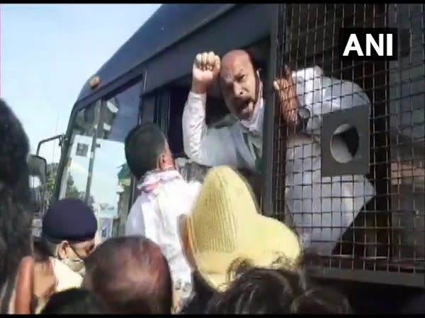 Workers being detained by Karnataka Police on Monday. (Photo/ANI)