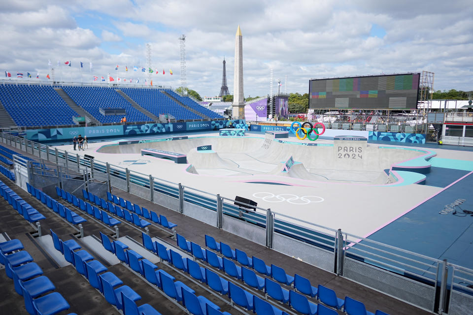 22 July 2024, France, Paris: Before the Summer Olympics, Olympia Paris 2024, view of grandstands on the Place de la Concorde, the obelisk of Luxor can be seen in the background. BMX freestyle is one of the sports taking place here. Photo: Michael Kappeler/dpa (Photo by Michael Kappeler/picture alliance via Getty Images)