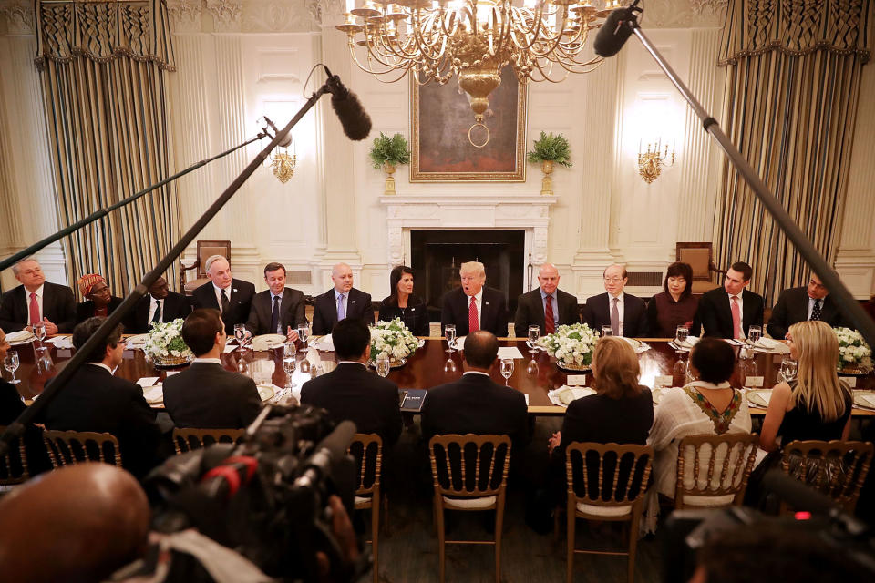 <p>U.S. President Donald Trump (C) delivers remarks while hosting ambassadors from the 15 country members of the United Nations Security Council flanked by his Ambassador to the U.N. Nikki Haley (L) and National Security Advisor H.R. McMaster in the State Dining Room at the White House April 24, 2017 in Washington, DC. Trump was frank in his opening remarks, saying that Haley had briefed him about each member of the council and he said he liked them all. (Chip Somodevilla/Getty Images) </p>