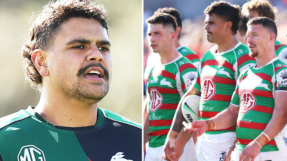 Damien Cook and Latrell Mitchell in action for South Sydney.