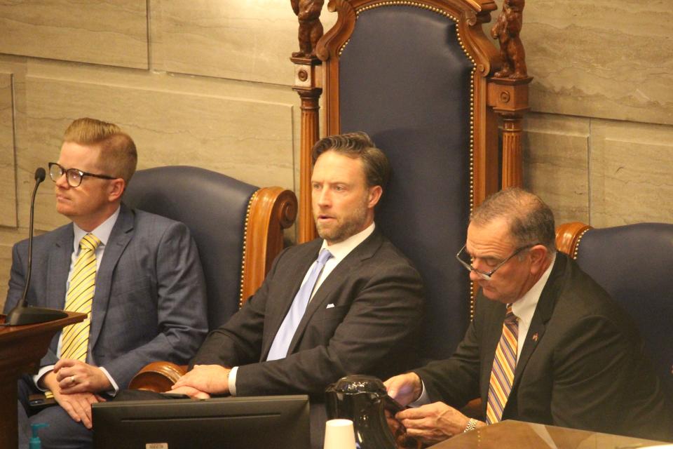 From left: Majority Floor Leader Caleb Rowden of Columbia, Sen. Lincoln Hough of Springfield and Lt. Gov. Mike Kehoe sit in the presiding chairs of the Senate at the Missouri State Capitol in Jefferson City on Jan. 5, 2022.