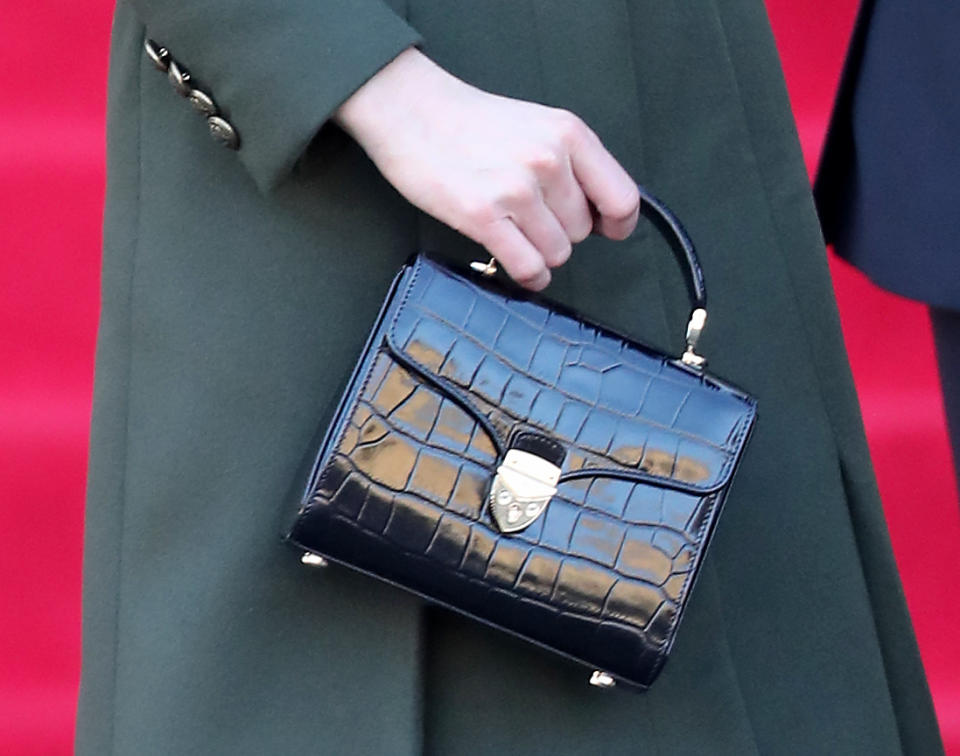 BRADFORD, ENGLAND - JANUARY 15: Catherine, Duchess of Cambridge, bag detail, arrives at City Hall on January 15, 2020 in Bradford, United Kingdom. The Duke and Duchess will meet with representatives from local employers and businesses who are helping young people into employment. (Photo by Chris Jackson/Getty Images) (Photo by Chris Jackson/Getty Images)