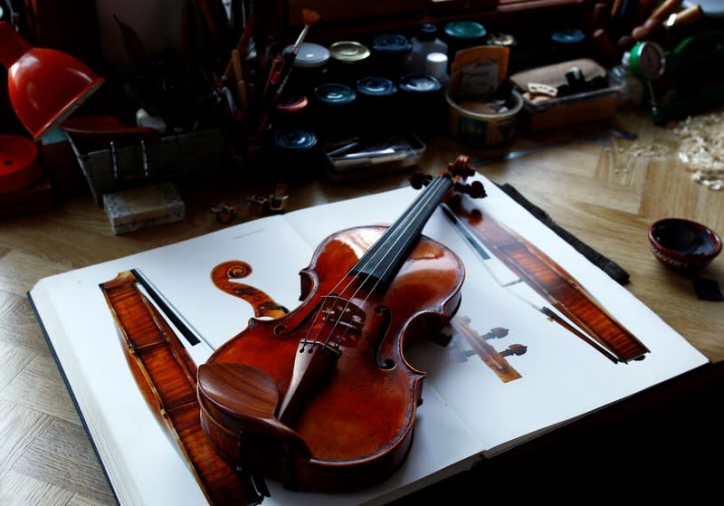 A finished replica of a Giuseppe Guarneri del Gesu violin is seen at the shop of internationally recognised self-taught craftsman Svetozar Bogdanovski, in Veles