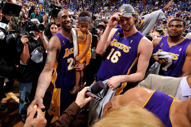 Pau Gasol Cries As Lakers Hang Jersey In Rafters Next To Kobe's