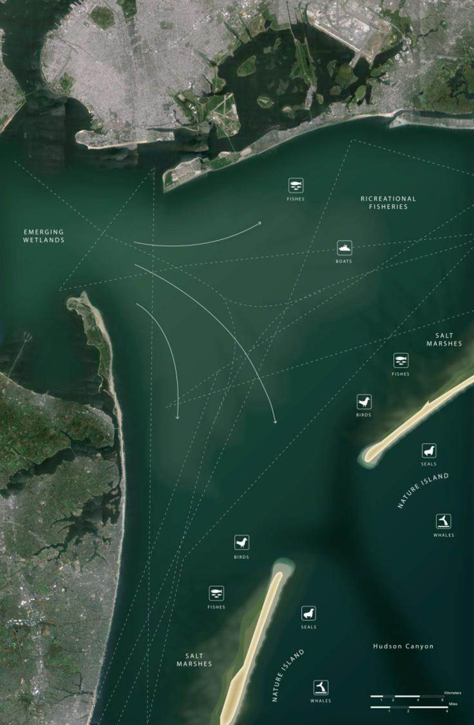 This artist rendering provided by WXY/West 8/Stevens Institute of Technology shows a proposed project to create a string of artificial barrier islands off the coast of New Jersey and New York to protect the shoreline from storm surges like the ones that caused billions of dollars’ worth of damage during Superstorm Sandy. The “Blue Dunes” project, conceived by New Jersey’s Stevens Institute of Technology and two architectural firms, would cost $10 billion to $12 billion, and would stretch from central Long Island, N.Y., to the southern tip of Long Beach Island in New Jersey. Many logistical, political, financial and technical issues would have to be overcome before the project could be built. It is part of the Rebuild By Design contest being held by the U.S. Department of Housing and Urban Development to solicit new ideas to protect the region from future storms. (AP Photo/WXY/West 8/Stevens Institute of Technology)