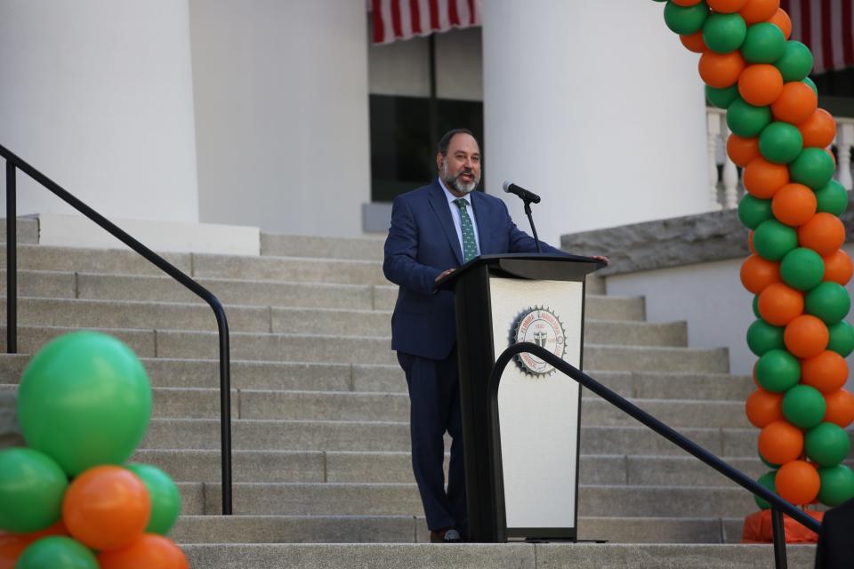 Florida State of the University System Chancellor Ray Rodrigues speaks to a crowd of alumni and students during FAMU Day at the Florida Capitol, Feb. 21, 2024.