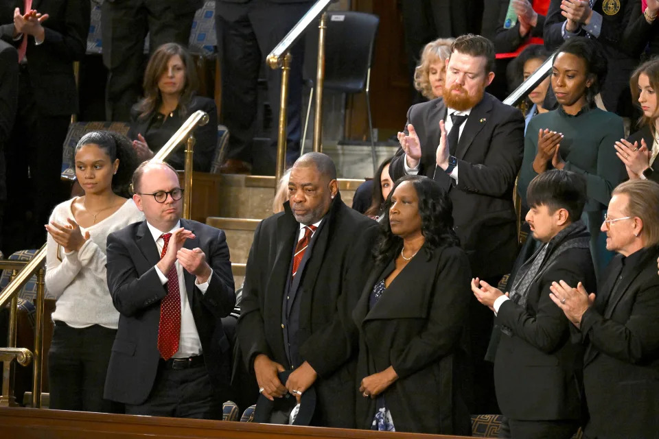 RowVaughn and Rodney Wells of Memphis, Tenn., the mother and stepfather of Tyre Nichols, stand as President Joe Biden recognizes them as he delivers the State of the Union address to a joint session of Congress at the U.S. Capitol in Washington, on Tuesday