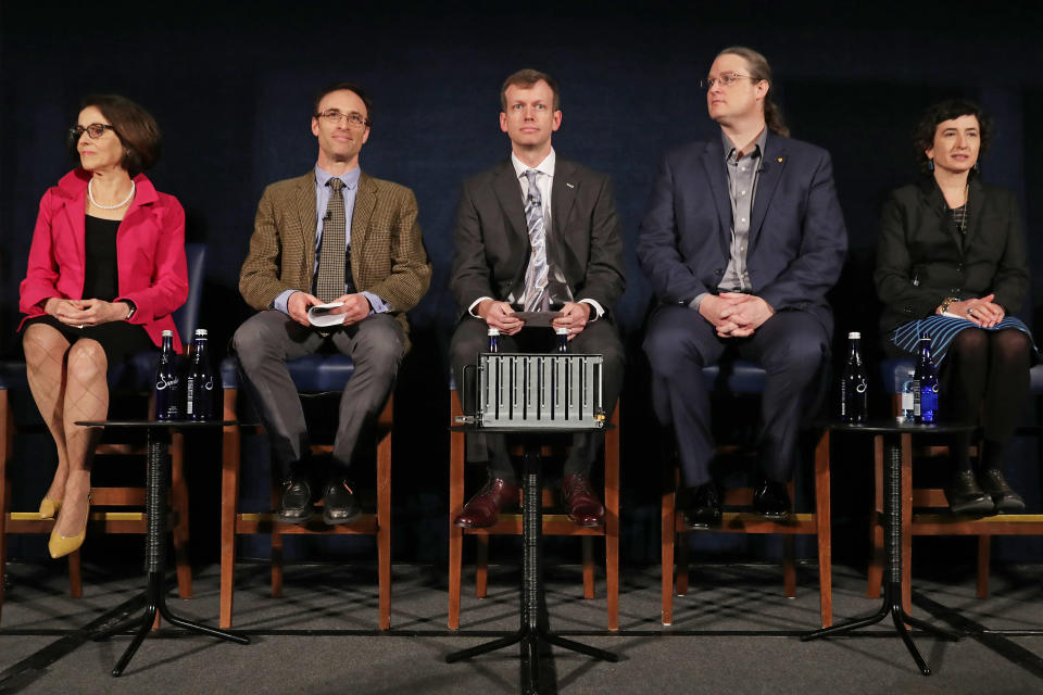 National Science Foundation Director France Cordova, Event Horizon Telescope Director Sheperd Doeleman, University of Arizona Associate Professor of Astronomy Dan Marrone, University of Waterloo Associate Professor Avery Broderick and University of Amsterdam Professor of Theoretical High Energy Astrophysics Sera Markoff hold a news conference to reveal the first photograph of a black hole at the National Press Club April 10, 2019 in Washington, DC. (Photo: Chip Somodevilla/Getty Images)