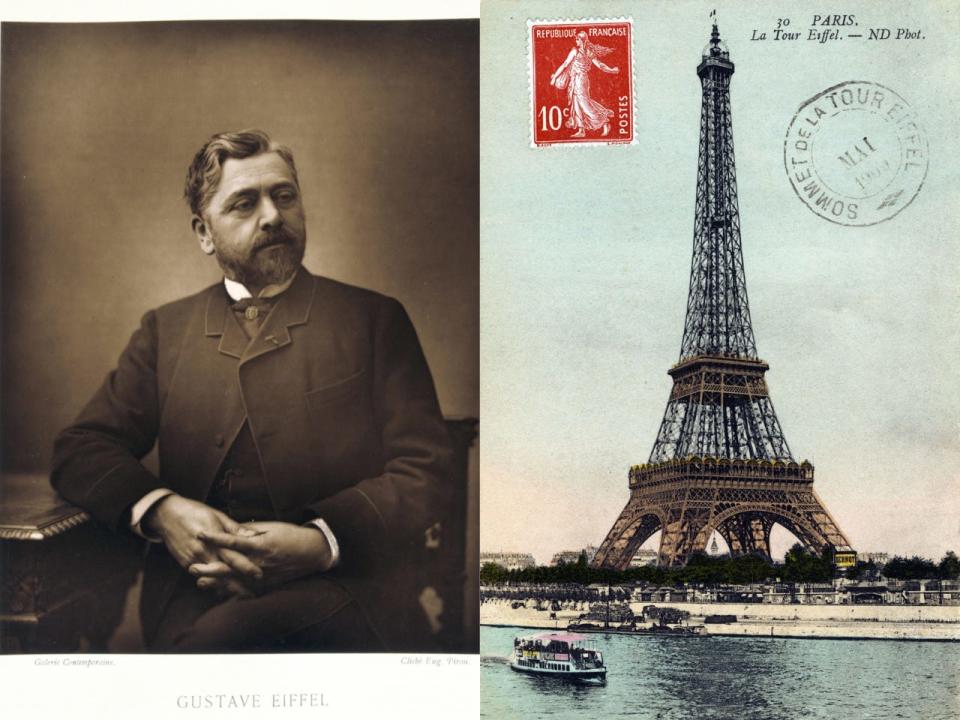 A portrait of Gustave Eiffel (L) and a postcard of the Eiffel Tower from 1909 (R).