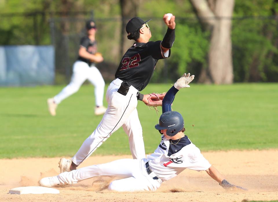 Iona's Julian Guzman (22) forces out Kennedy Catholic's AJ Imperati (1) on a double play ball during baseball action at Kennedy Catholic in Somers May 1, 2024. Kennedy won the game 4-3.