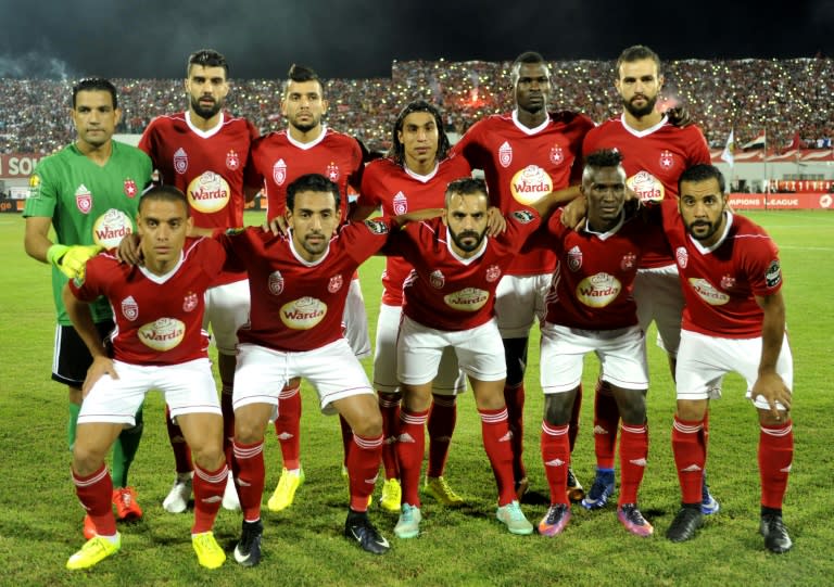 Tunisia's Etoile Sahel players pose for a photo prior to the start of their CAF Champions League semi-final 1st leg match against Al Ahly, at the Olympic Stadium in Sousse, on October 1, 2017