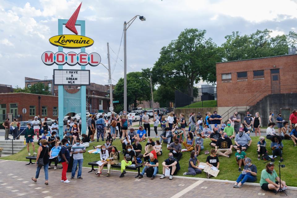 People gather in front of the Lorraine Motel for civil disobedience training, led by the Memphis chapter of Black Lives Matter, the Coalition of Concerned Citizens, and the Memphis Activist Calendar, Thursday, Jun. 4, 2020, in Memphis, Tenn.