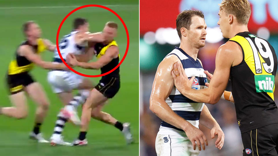 Seen here, Patrick Dangerfield collected Nick Vlastuin in a brutal first quarter incident.