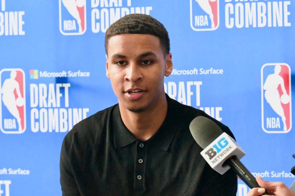 Iowa sophomore Keegan Murray speaks to the media during the NBA Draft Combine at Wintrust Arena in Chicago on May 19, 2022.