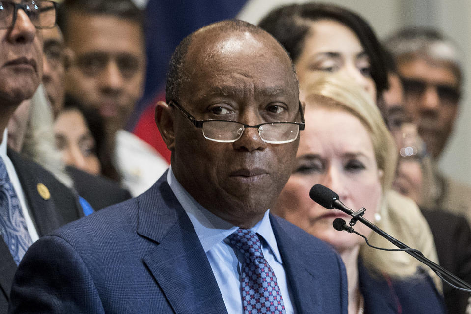 FILE - In this June 19, 2018, file photo, Houston Mayor Sylvester Turner speaks during a news conference opposing a proposal to place immigrant children separated from their parents at the border in a facility just east of downtown, in Houston. Turner won a second term, holding off a millionaire trial lawyer whose previous support of President Donald Trump had become a main campaign issue, Saturday, Dec. 14, 2019.(Brett Coomer/Houston Chronicle via AP, File)