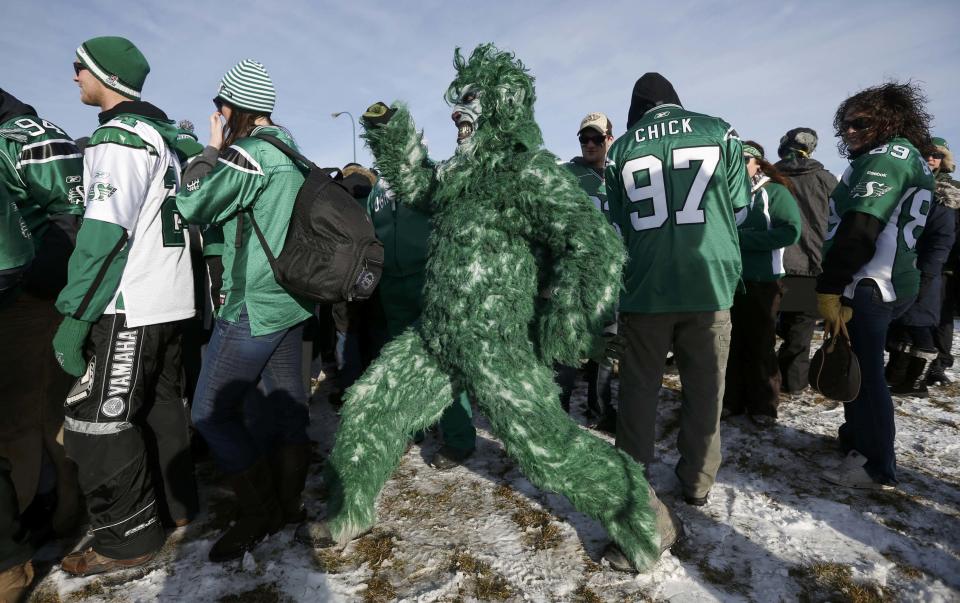 A Saskatchewan Roughriders fan arrives in costume for the CFL's 101st Grey Cup championship football game in Regina, Saskatchewan November 24, 2013. REUTERS/Mark Blinch (CANADA - Tags: SPORT FOOTBALL)