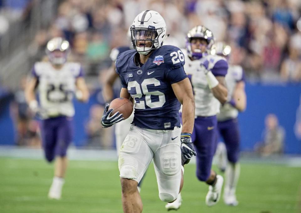 Penn State running back Saquon Barkley runs 92 yards for a touchdown during the 2017 Fiesta Bowl.