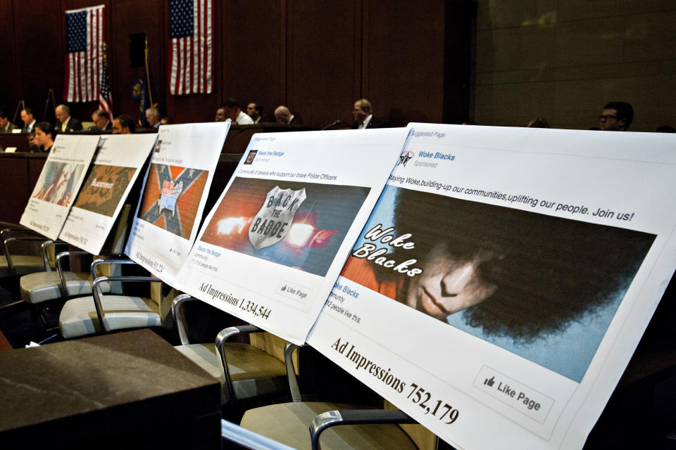 Displays showing social media posts are seen during a House Intelligence Committee hearing in Washington, D.C., U.S., on Wednesday, Nov. 1, 2017. (Photo: Bloomberg via Getty Images)