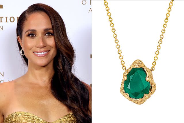 <p>Kevin Mazur/Getty; Logan Hollowell</p> Meghan Markle in May; Logan Hollowell's Baby Queen Water Drop Emerald Solitaire Necklace