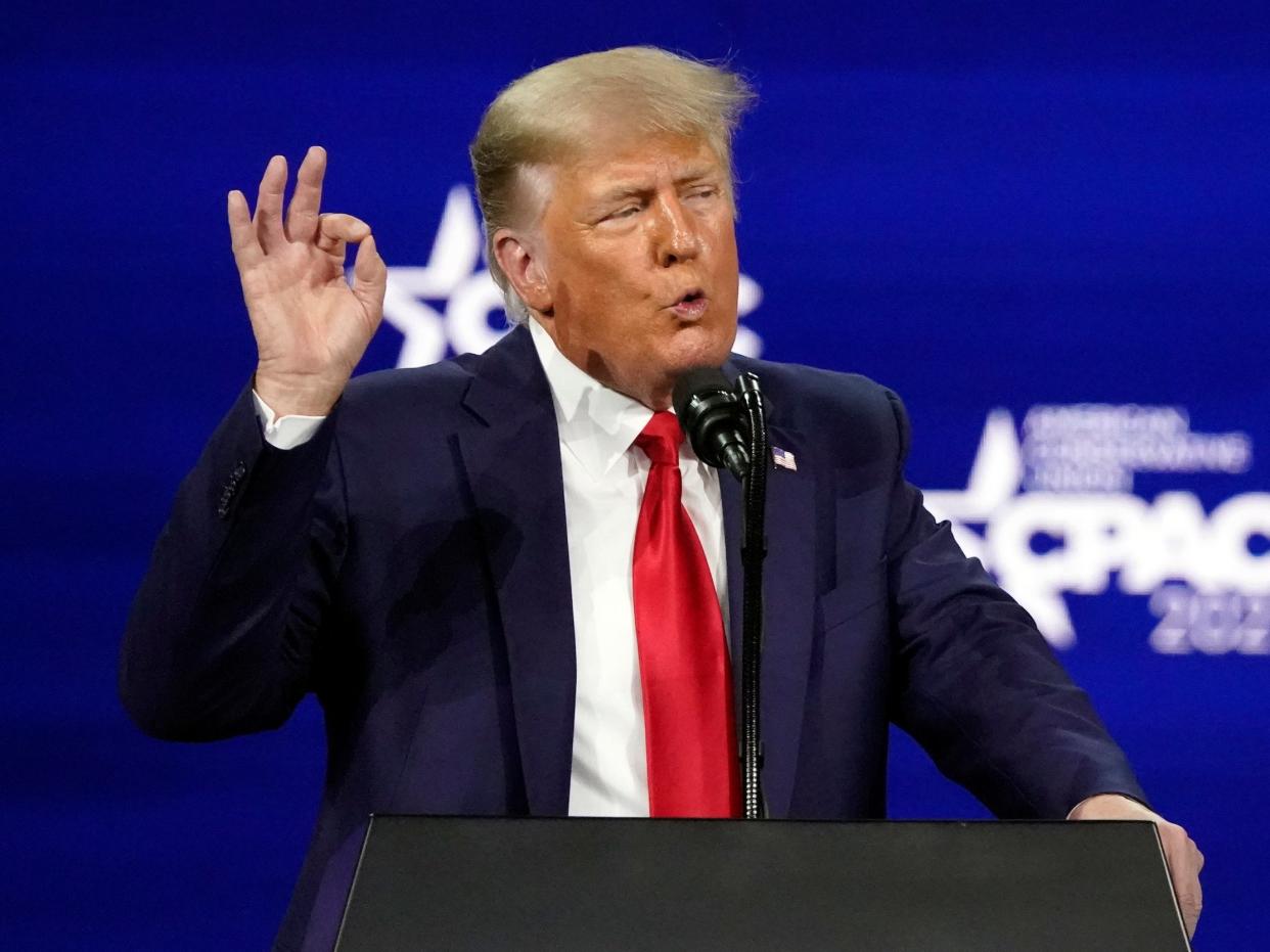 Former president Donald Trump gestures as he speaks at the Conservative Political Action Conference (CPAC) in Orlando, Fla., on Feb. 28, 2021.