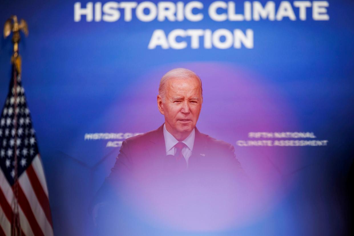 <span>Joe Biden secured sweeping climate legislation. Some climate groups are fearful that a Trump win will tear up Biden’s climate policies. Photograph: Ting Shen/Bloomberg via Getty Images</span><span>Photograph: Ting Shen/Bloomberg via Getty Images</span>