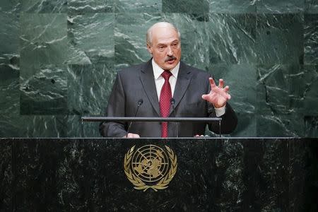 Belarus' President Alexander Lukashenko addresses attendees during the 70th session of the United Nations General Assembly at the U.N. headquarters in New York, September 28, 2015. REUTERS/Eduardo Munoz