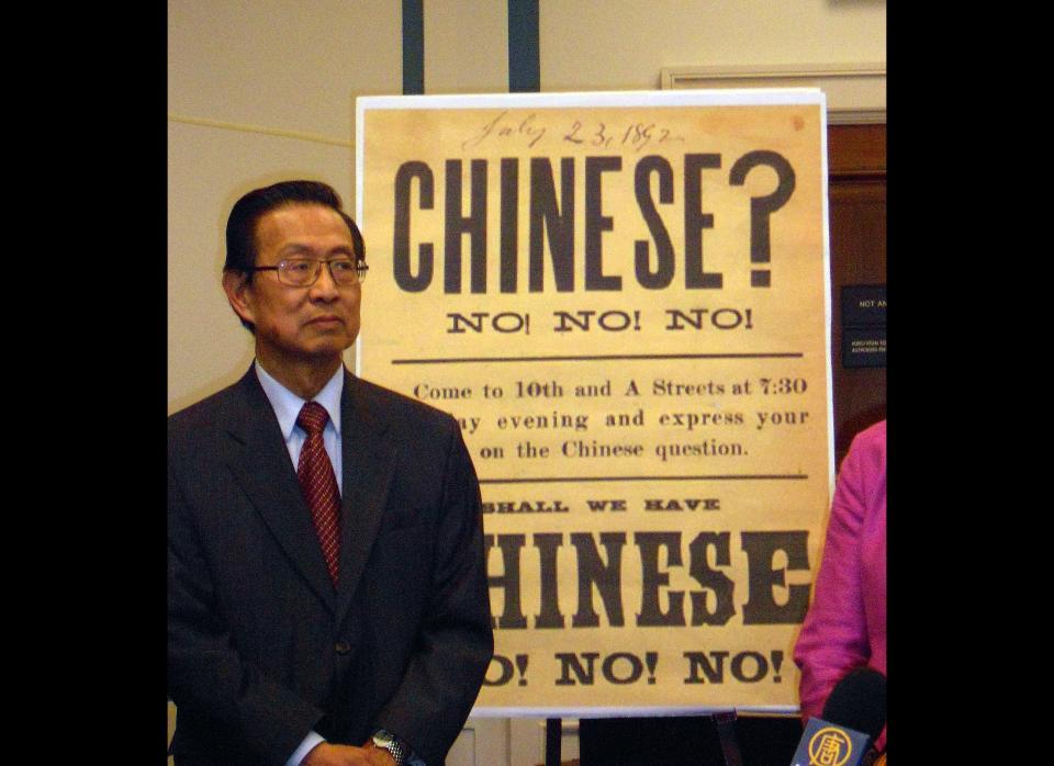 Named after Republican Representative Horace F. Page, this is the first U.S. federal immigration law to explicitly prohibit the immigration of a particular group: persons of Asian descent. Primarily meant to limit Chinese immigrant labor and prostitution, the Page Act prohibited the immigration of: (1) contracted labor from "China, Japan, or any Oriental country" that was not "free and voluntary," (2) Chinese prostitution and (3) criminals and women who would engage in prostitution.     Ultimately, the <a href="http://www.uchastings.edu/racism-race/pageact.html " target="_hplink">Page Act</a> severely <a href="http://immigration-online.org/228-page-act-united-states-1875.html " target="_hplink">restricted</a> the immigration of Asian women. Only 136 of the the nearly 40,000 Chinese immigrants who arrived in the months before the bill's enforcement were women. And, it would pave the way for the Chinese Exclusion Act.    In this picture, Michael Lin, chair of the 1882 Project, a coalition of rights groups seeking a statement of regret over that year's Chinese Exclusion Act, speaks on May 26, 2011 in Washington, DC, at the US House of Representatives in front of a reproduction of a 19th-century sign that aimed at rousing up sentiment against Chinese Americans. Lawmakers introduced a bill that would offer an official statement of regret for the act, which banned further immigration of Chinese to the United States and ended citizenship rights for ethnic Chinese. (AFP PHOTO/SHAUN TANDON).