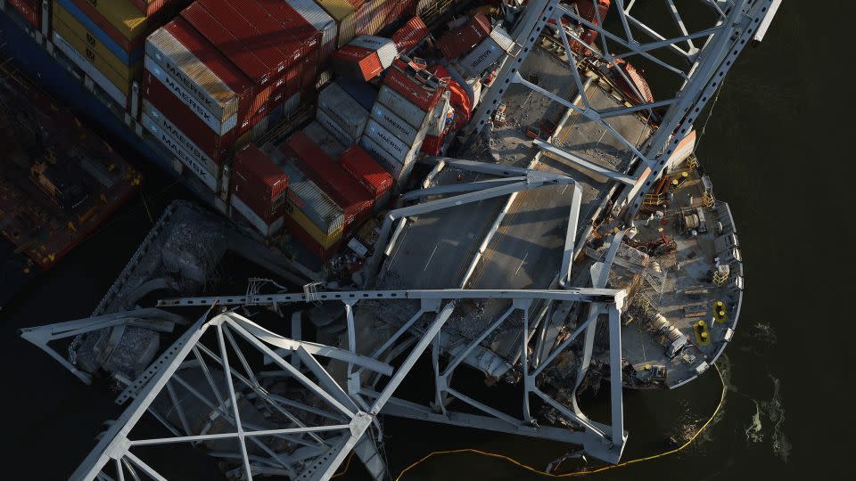 An aerial view as salvage crews continue to remove wreckage n Baltimore, Maryland on April 9, 2024. - Kevin Dietsch/Getty Images