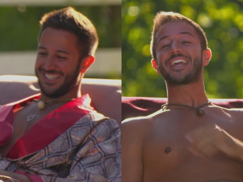 a split of samer and samir both lying in chairs during a game. the left brother is waring a robe, the right is shirtless and laughing