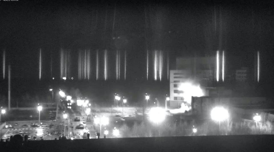 Zaporizhzhia nuclear power plant following shelling in black and white surveillance footage