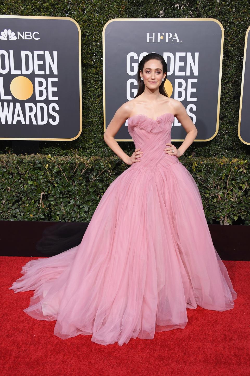 <h1 class="title">Emmy Rossum in Monique Lhuillier and Roger Vivier shoes</h1><cite class="credit">Photo: Getty Images</cite>